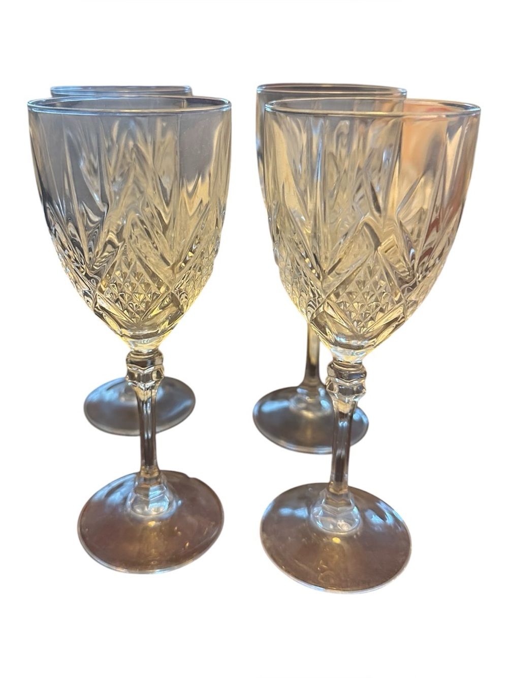 Crystal-Style Cut Glass Wine Goblets in Pale Amber - Set of 4